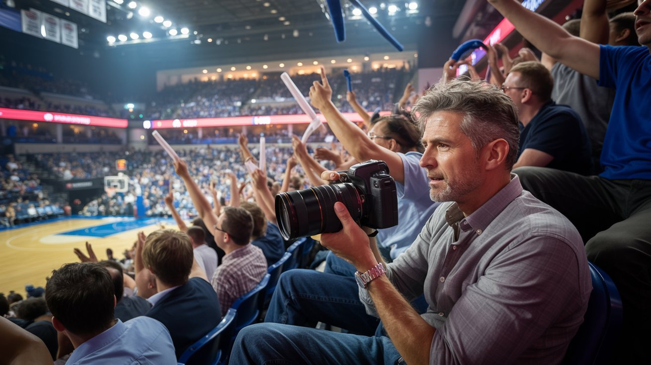 Detektiv mit Kamera in Basketball-Arena; Hamburg Wirtschaftsdetektei, Hamburg Detektivteam, Hamburg Wirtschaftsdetektiv, Hamburg Wirtschaftsermittler