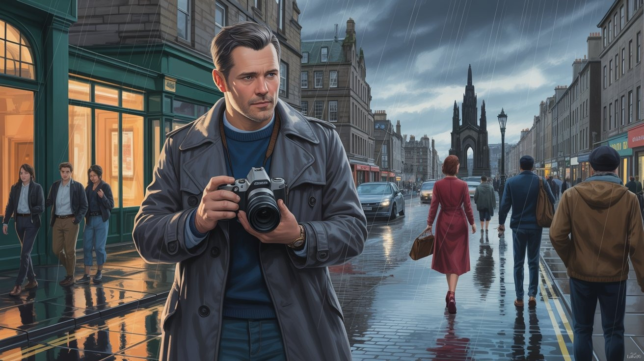 illustrierte Szene aus Edinburgh (Schottland): Privatdetektiv in Saint South David Street in Richtung Scott Monument bei Regen; Detektei Schottland (Großbritannien, Vereinigtes Königreich), Detektiv Schottland (Großbritannien, Vereinigtes Königreich), Privatdetektiv Schottland (Großbritannien, Vereinigtes Königreich), Privatermittler Schottland (Großbritannien, Vereinigtes Königreich)