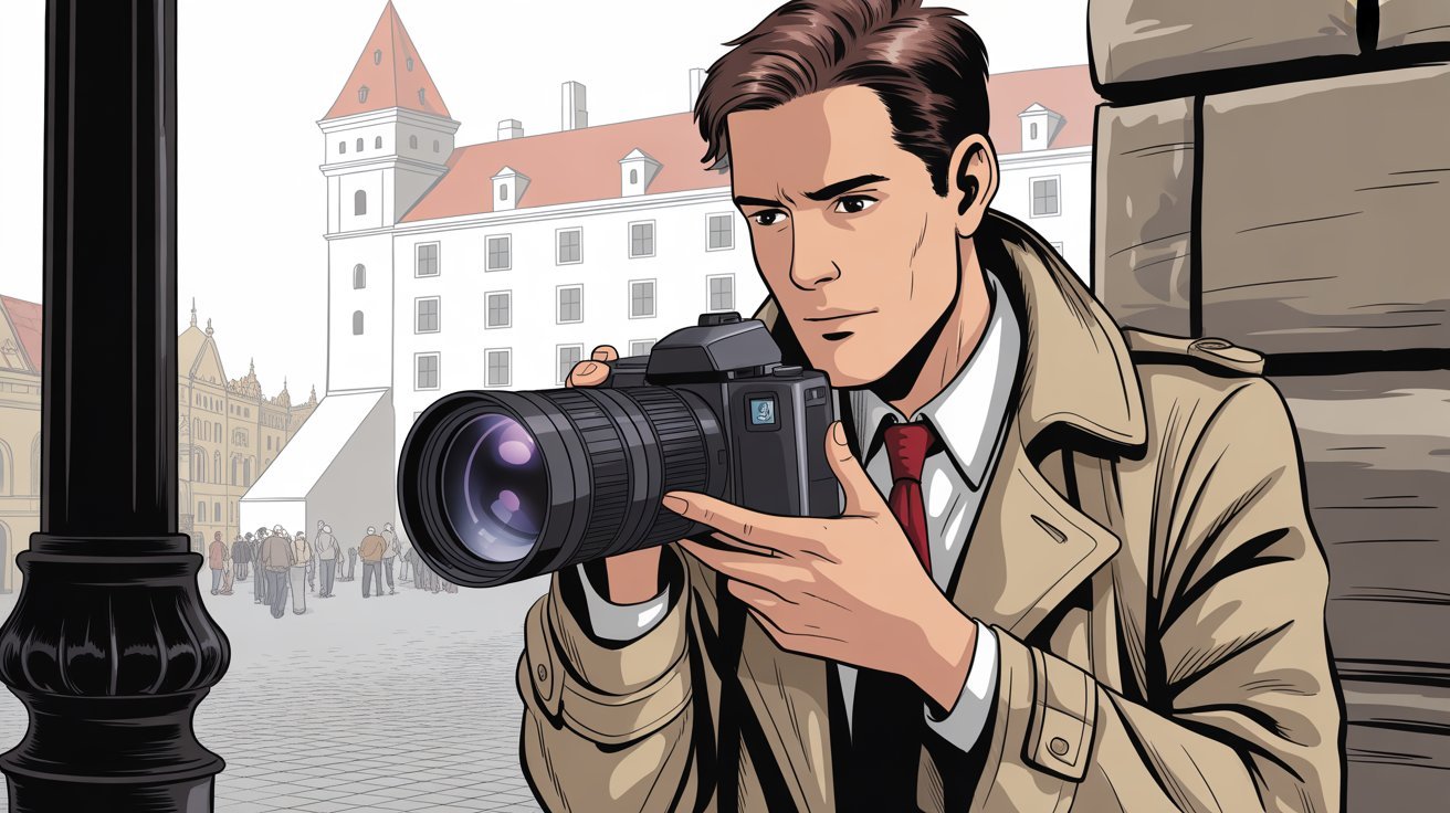 Comic-Detektiv vor Bratislavaer Burg; Detektivagentur Slowakei, Privatdetektei Slowakei, Wirtschaftsdetektei Slowakei, Wirtschaftsdetektiv Slowakei