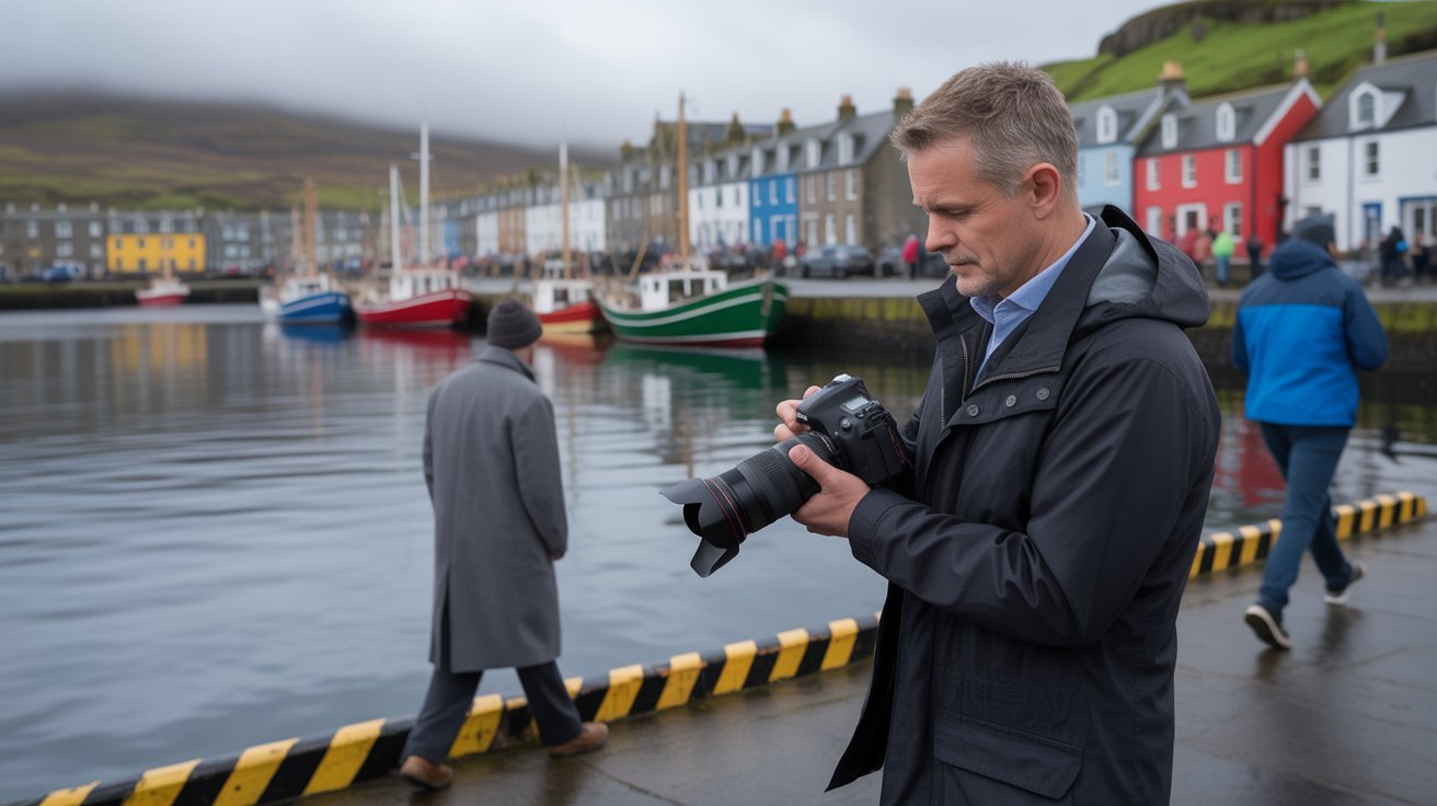 illustrierte Szene: Privatdetektiv in Portree auf Isle of Skye (Schottland, UK); Detektei Isle of Skye (Schottland, UK), Detektiv Isle of Skye (Schottland, UK), Privatdetektiv Isle of Skye (Schottland, UK), Privatermittler Isle of Skye (Schottland, UK)