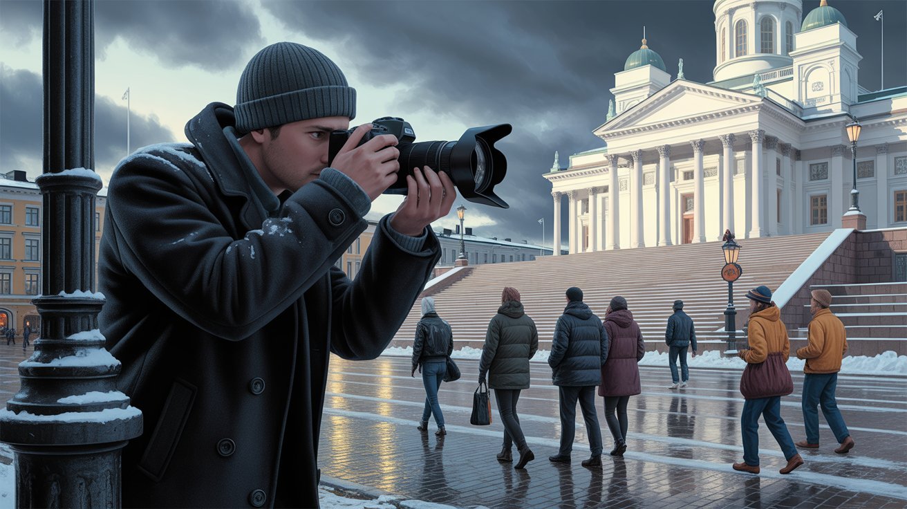 illustrierte Szene eines Privatdetektivs mit Kamera vor dem Dom in Helsinki (Finnland): Privatdetektiv im Regen vor Oslos Opernhaus; Detektei Helsinki (Finnland), Detektiv Helsinki (Finnland), Privatdetektiv Helsinki (Finnland), Privatermittler Helsinki (Finnland)